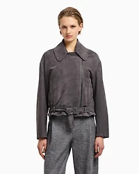 Emporio Armani - Icon nubuck calf leather biker jacket, Woman, Grey, Size: