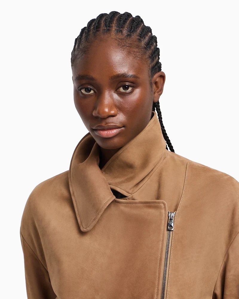 Emporio Armani - Icon nubuck calf leather biker jacket, Woman, Beige, Size: