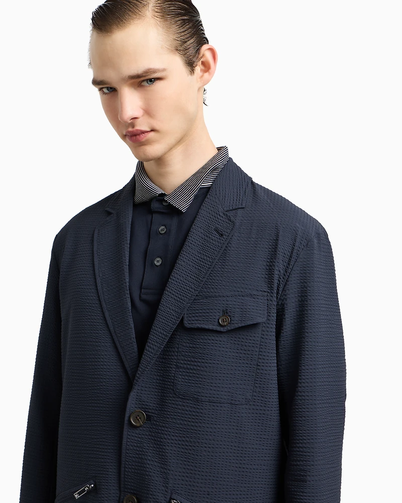 Emporio Armani - Single-breasted nylon seersucker blazer, Man, Navy Blue, Size:
