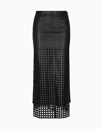 Emporio Armani - Polygon capsule collection midi skirt vegetable-tanned nappa leather with laser-cut perforations, Woman, Black, Size: