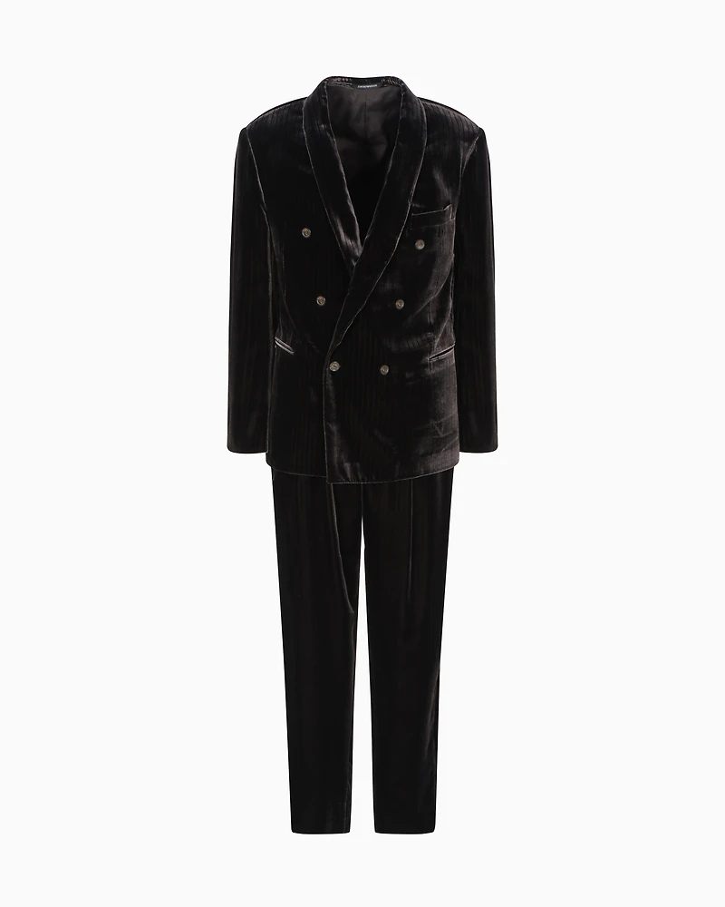 Emporio Armani - Three-piece double-breasted velvet suit with an all-over printed motif, Man, Grey, Size: