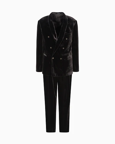 Emporio Armani - Three-piece double-breasted velvet suit with an all-over printed motif, Man, Grey, Size:
