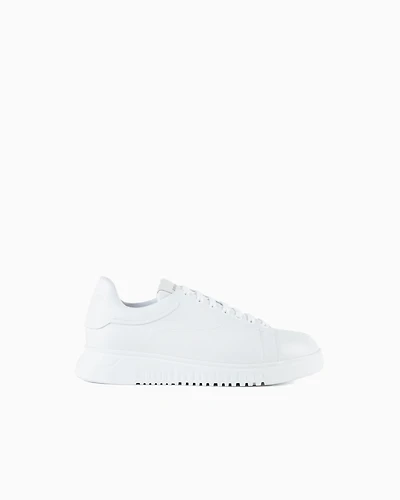 Emporio Armani - Tumbled leather sneakers with knurled soles, Man, White, Size: