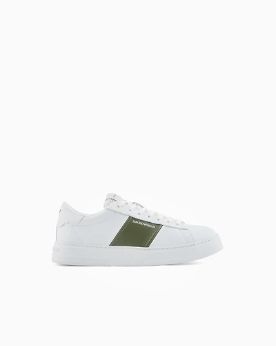 Emporio Armani - Leather sneakers with contrasting stripe, Man, White, Size: