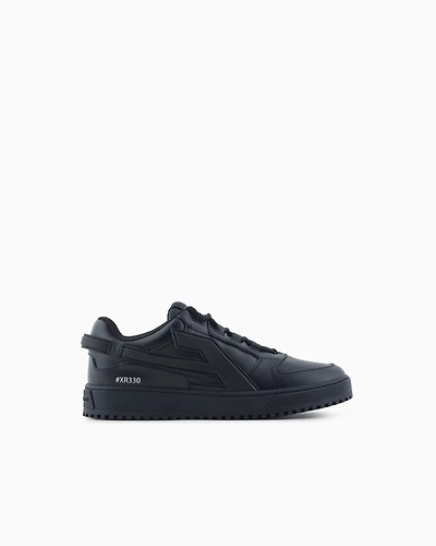 Emporio Armani - Leather sneakers with oversized EA patch, Man, Black, Size: