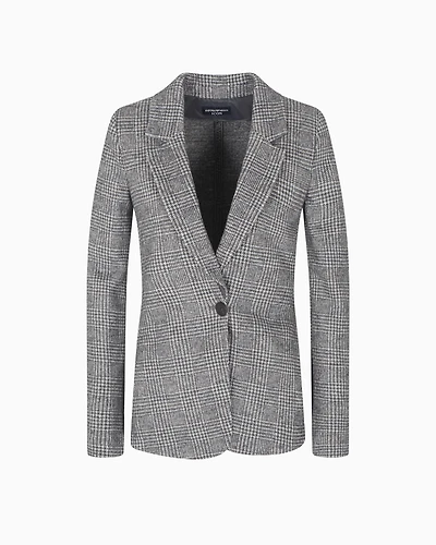 Emporio Armani - Icon Prince of Wales check compact knit jersey single-breasted blazer, Woman, Grey, Size: