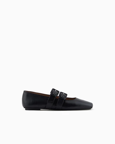 Emporio Armani - Nappa-leather square-toed ballerinas with double strap, Woman, Black, Size: