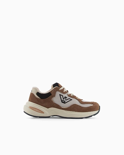 Emporio Armani - Mesh sneakers with suede details and an eagle logo, Woman, Beige, Size: