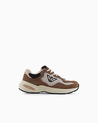 Emporio Armani - Mesh sneakers with suede details and an eagle logo, Woman, Beige, Size: