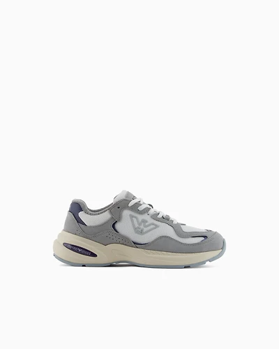 Emporio Armani - Mesh sneakers with suede details and an eagle logo, Woman, Grey, Size: