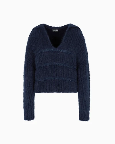 Emporio Armani - Winter Urbanism capsule collection jumper made of a mohair wool blend half fisherman’s rib, Woman, Navy Blue, Size: