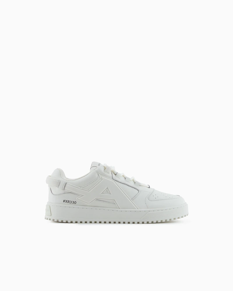 Emporio Armani - Leather sneakers with oversized EA patch, Man, White, Size: