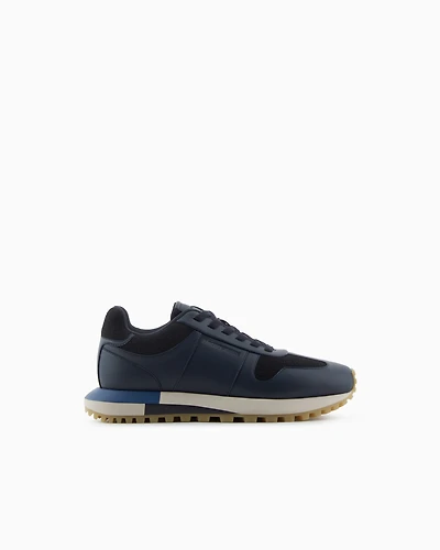 Emporio Armani - Leather sneakers with felt details, Man, Navy Blue, Size: