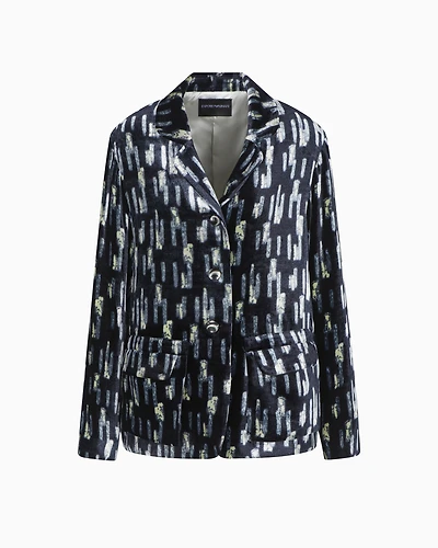 Emporio Armani - Printed velvet single-breasted blazer, Woman, Navy Blue, Size: