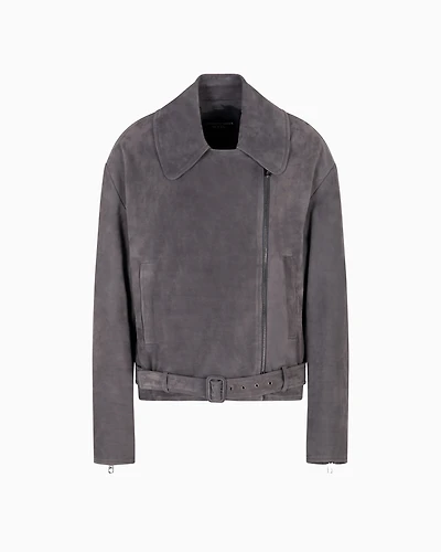 Emporio Armani - Icon nubuck calf leather biker jacket, Woman, Grey, Size: