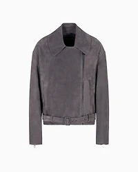 Emporio Armani - Icon nubuck calf leather biker jacket, Woman, Grey, Size: