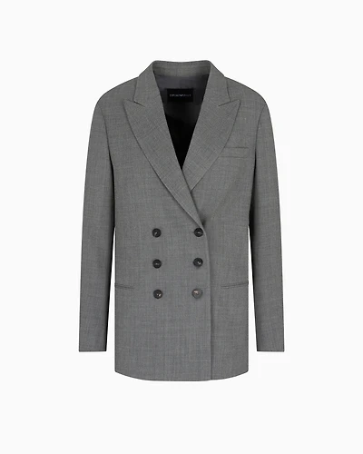 Emporio Armani - Double-breasted blazer mouliné wool crêpe, Woman, Grey, Size: