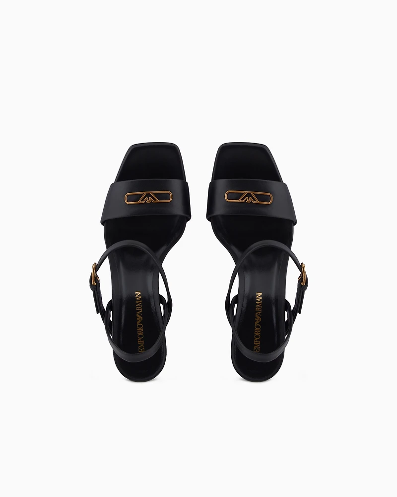 Emporio Armani - Nappa-leather heeled sandals with eagle plate, Woman, Black, Size: