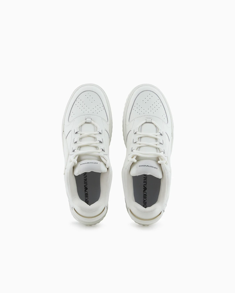 Emporio Armani - Leather sneakers with oversized EA patch, Man, White, Size: