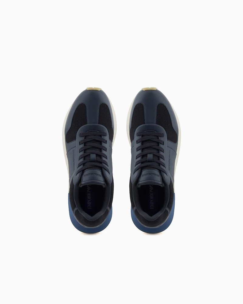 Emporio Armani - Leather sneakers with felt details, Man, Navy Blue, Size: