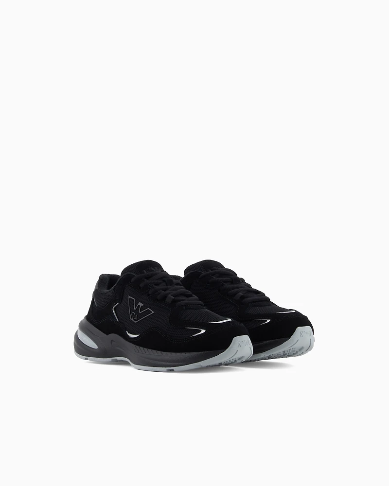 Emporio Armani - Mesh sneakers with suede details and an eagle logo, Woman, Black, Size: