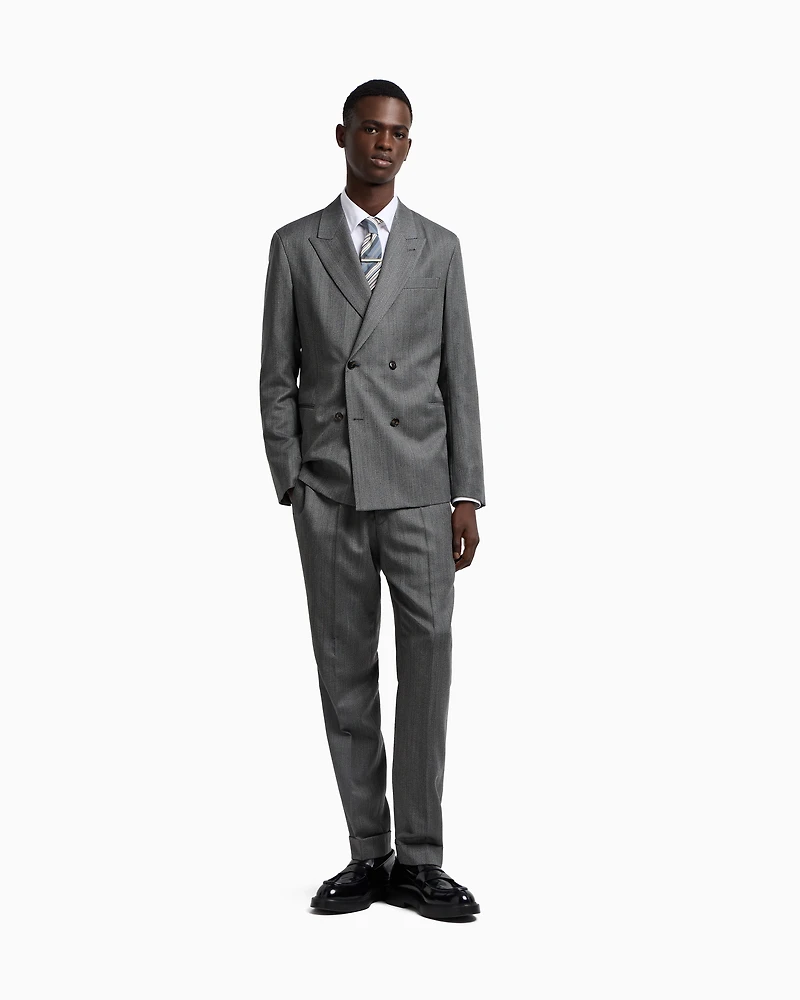 Emporio Armani - Double-breasted suit Cheviot-effect armure virgin wool, Man, Grey, Size: