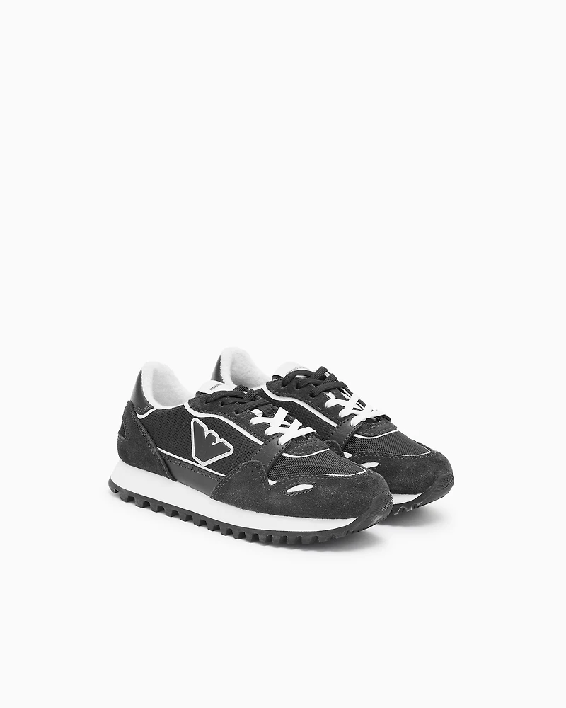 Emporio Armani - Mesh sneakers with suede details and eagle patch, Boy, Navy Blue, Size: