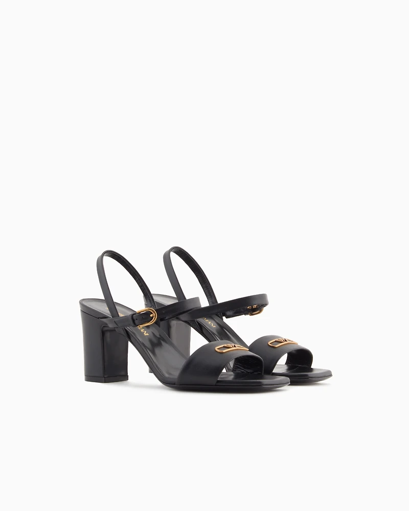 Emporio Armani - Nappa-leather heeled sandals with eagle plate, Woman, Black, Size: