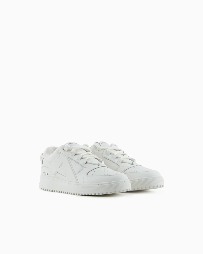 Emporio Armani - Leather sneakers with oversized EA patch, Man, White, Size: