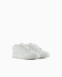 Emporio Armani - Leather sneakers with oversized EA patch, Man, White, Size: