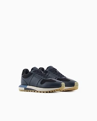 Emporio Armani - Leather sneakers with felt details, Man, Navy Blue, Size: