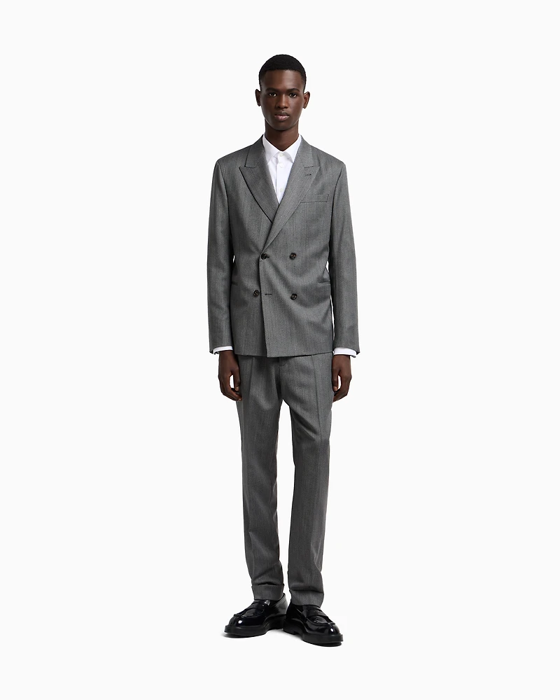 Emporio Armani - Double-breasted suit Cheviot-effect armure virgin wool, Man, Grey, Size: