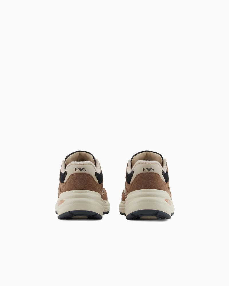 Emporio Armani - Mesh sneakers with suede details and an eagle logo, Woman, Beige, Size: