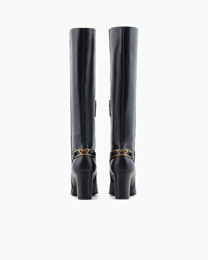 Emporio Armani - Nappa-leather boots with strap and eagle plate, Woman, Black, Size: