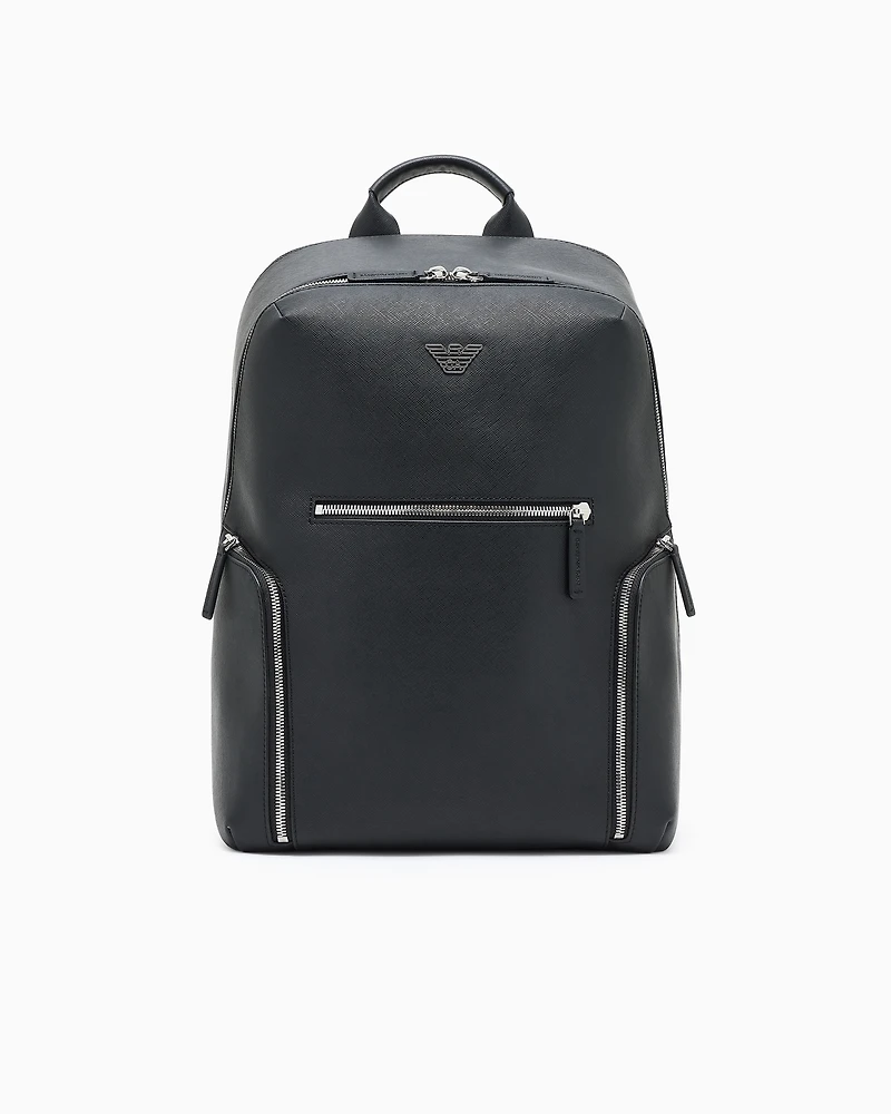 Emporio Armani - ASV regenerated Saffiano leather backpack with eagle plate, Man, Black, Size: TU