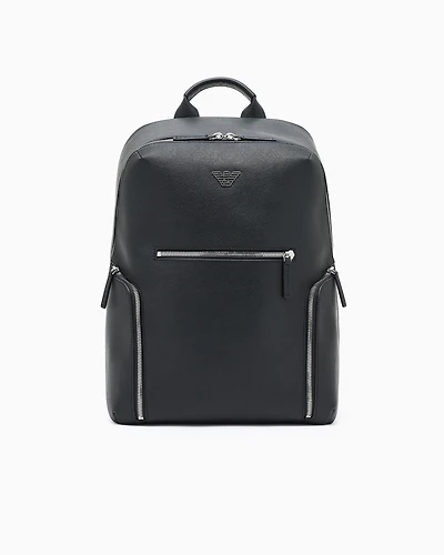 Emporio Armani - ASV regenerated Saffiano leather backpack with eagle plate, Man, Black, Size: TU