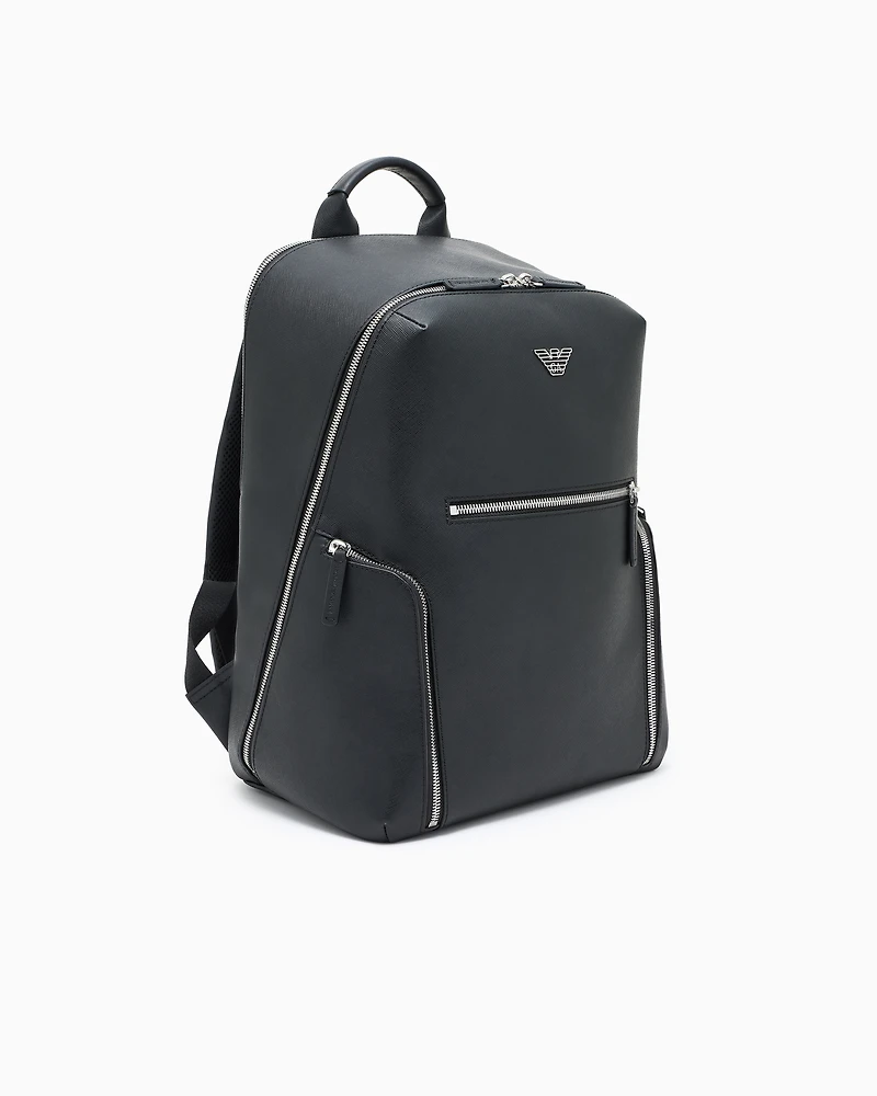 Emporio Armani - ASV regenerated Saffiano leather backpack with eagle plate, Man, Black, Size: TU