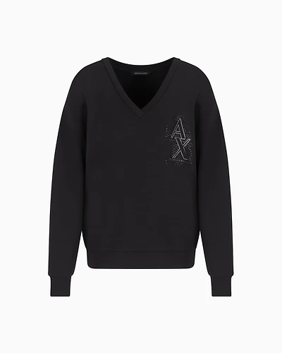 V-neck sweatshirt with rhinestone logo
