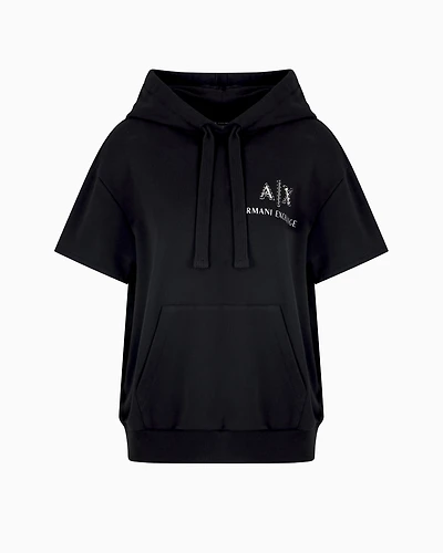 Short-sleeved sweatshirt with logo and rhinestones