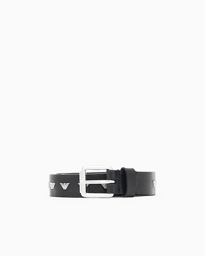 Emporio Armani - Leather belt with metal micro eagles, Man, Black, Size: