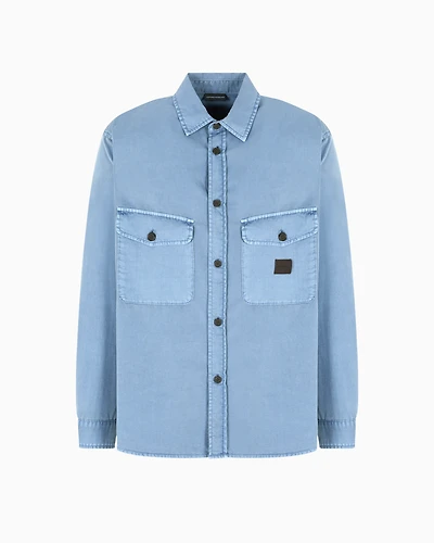 Emporio Armani - Comfort-fit shirt with washed twill pockets, Man, Light Blue, Size: