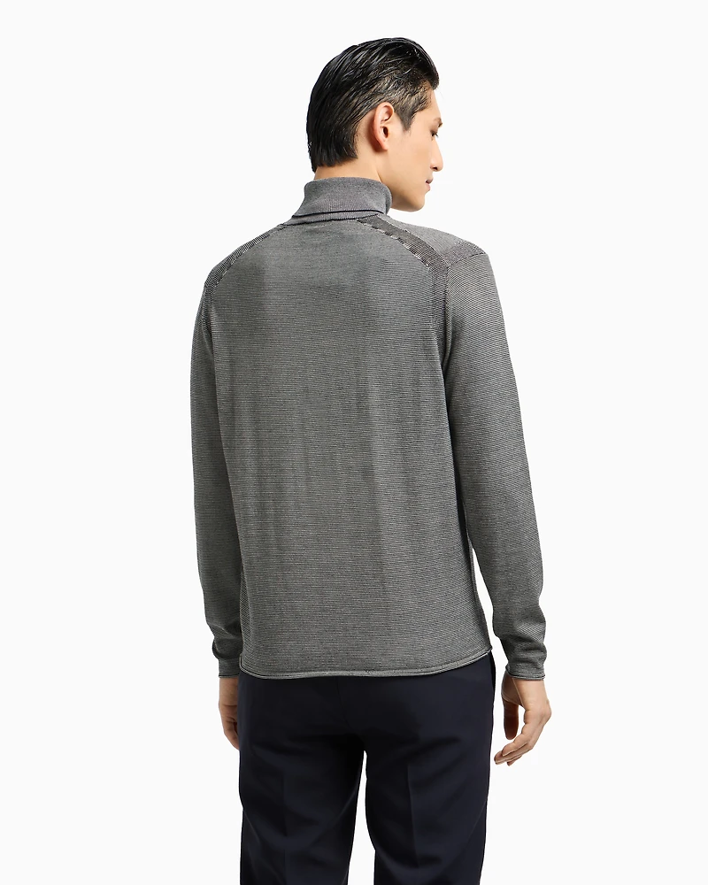Emporio Armani - Striped embroidery-stitched jacquard virgin wool rollneck jumper, Man, Blue, Size: