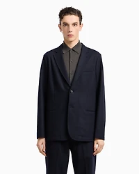 Emporio Armani - Travel Essentials single-breasted virgin-wool flannel blazer, Man, Navy Blue, Size: