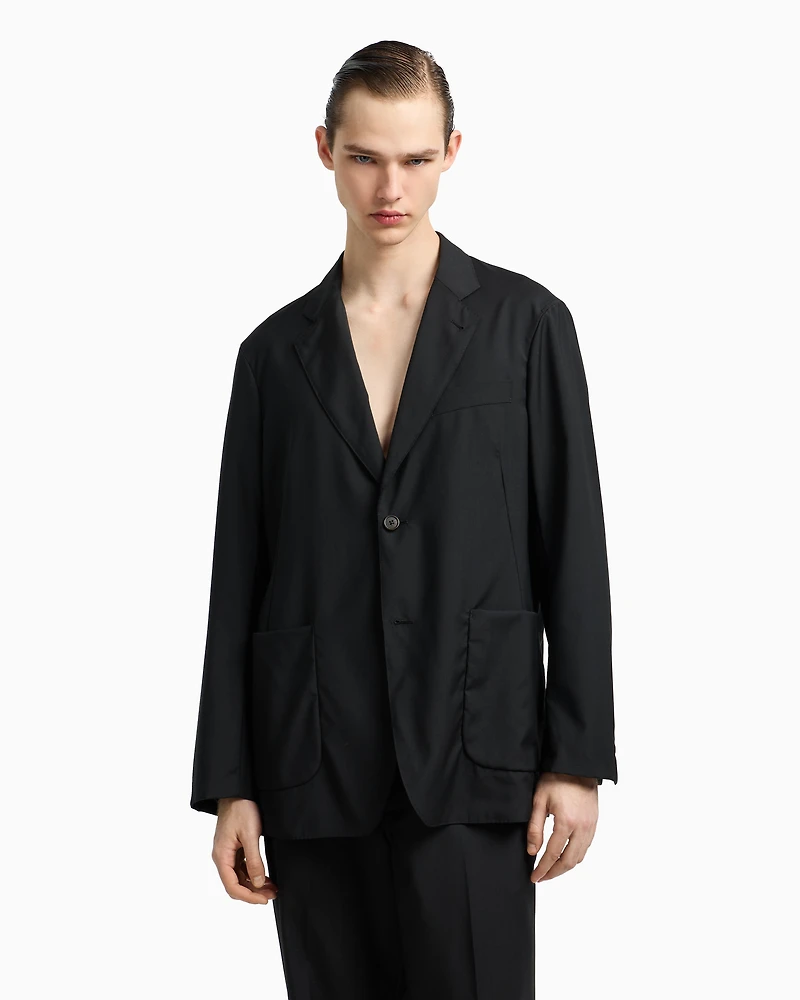 Emporio Armani - Wool poplin single-breasted jacket, Man, Black, Size: