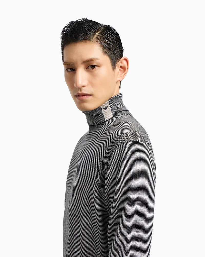 Emporio Armani - Striped embroidery-stitched jacquard virgin wool rollneck jumper, Man, Blue, Size: