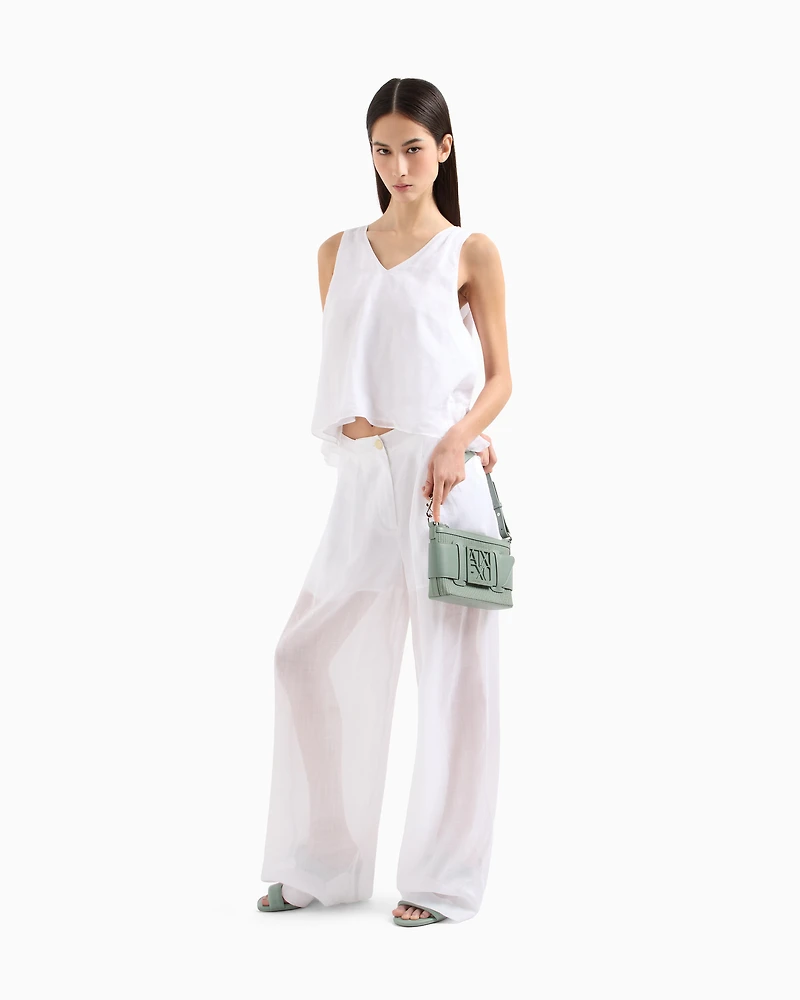 Asymmetrical ramie top with ruffle