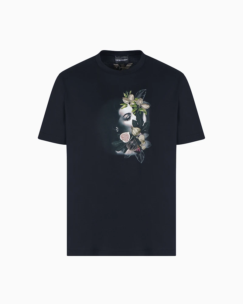 Emporio Armani - ASV jersey T-shirt with embroidery and print of a woman foliage, Man, Black, Size:
