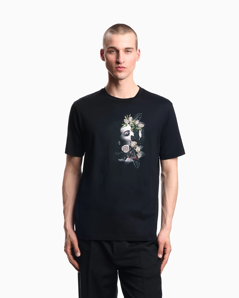 Emporio Armani - ASV jersey T-shirt with embroidery and print of a woman foliage, Man, Black, Size: