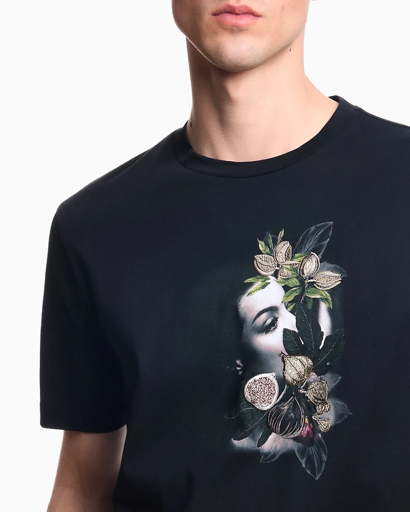 Emporio Armani - ASV jersey T-shirt with embroidery and print of a woman foliage, Man, Black, Size: