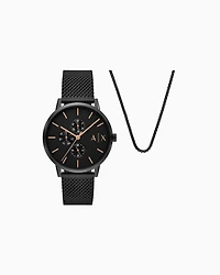 Armani Exchange Multifunction Black Stainless Steel Watch and Necklace Set